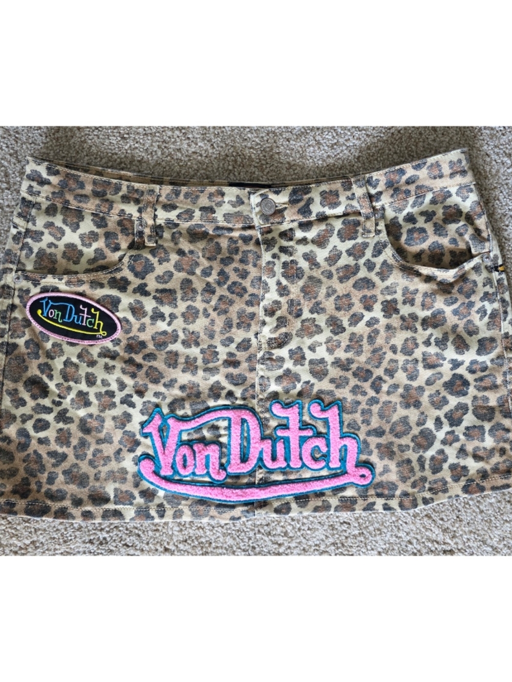 Von Dutch Leopard Print Mini Skirt with Pink Logo Patch
